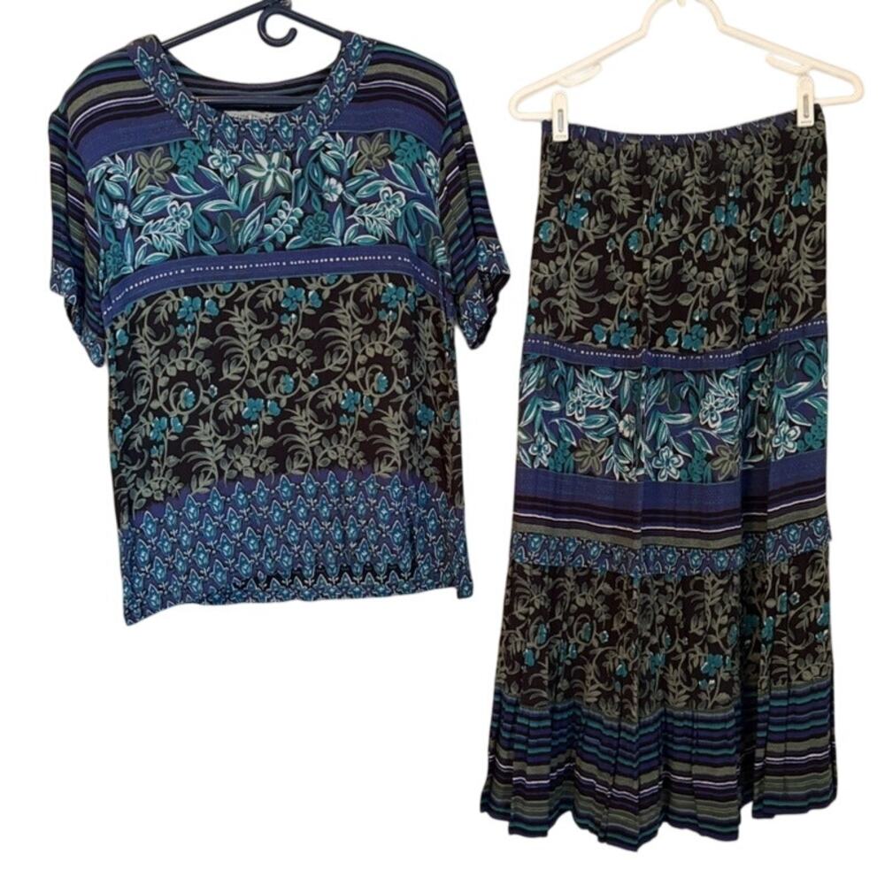 Vintage Casual Studio 2PC Floral Maxi Skirt & Top Set M Blue Boho Rayon Tiered
